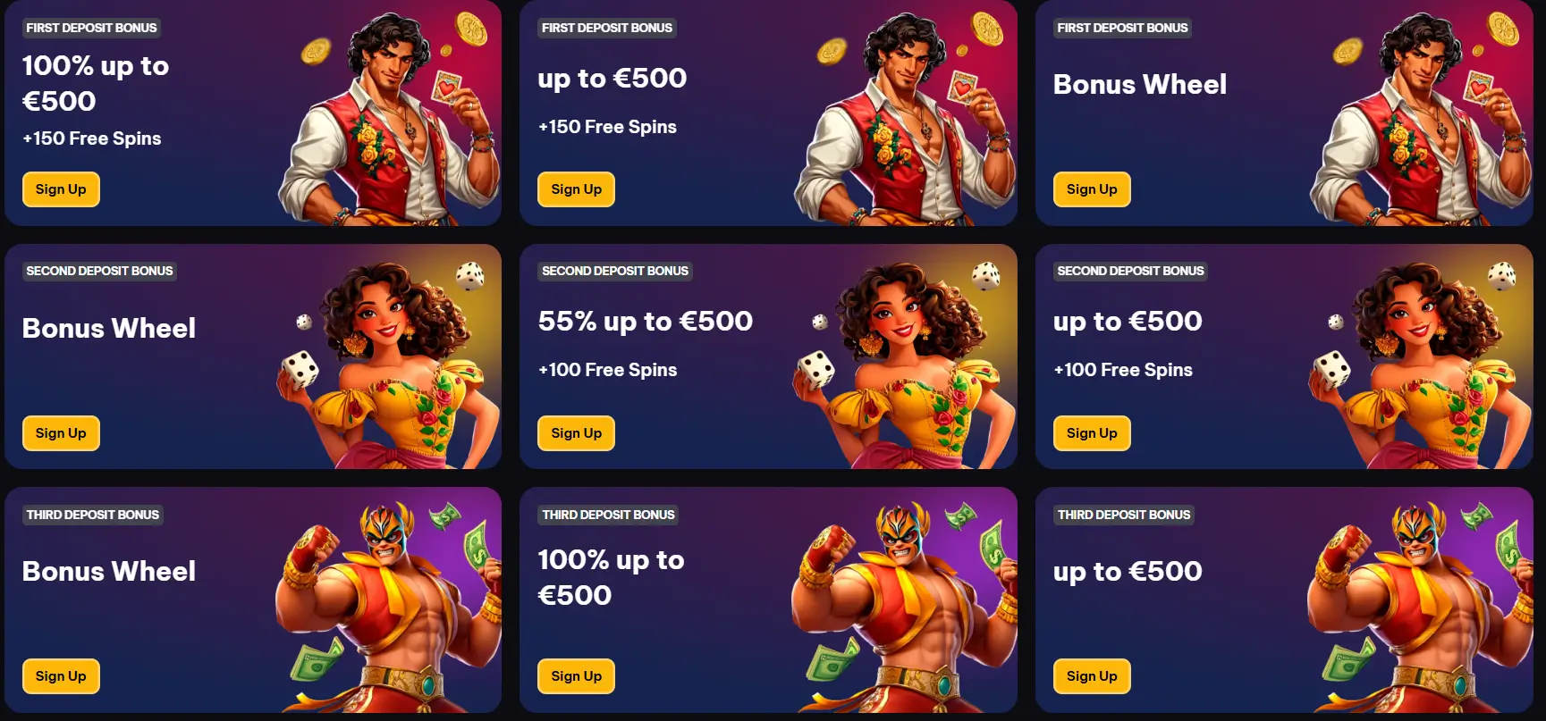 Página de bónus do Spinmacho Casino com bónus de depósito e rodadas grátis.