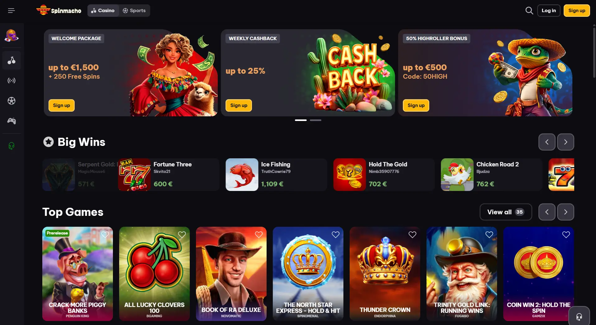 Página inicial do Spinmacho Online Casino com bónus e jogos de destaque.